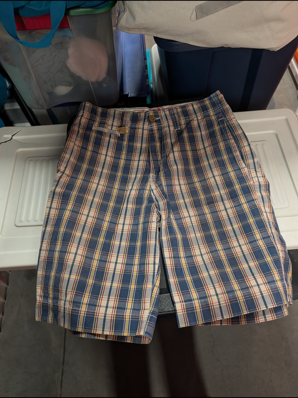 Men's Plaid Flat Front Shorts - Navy & Cream